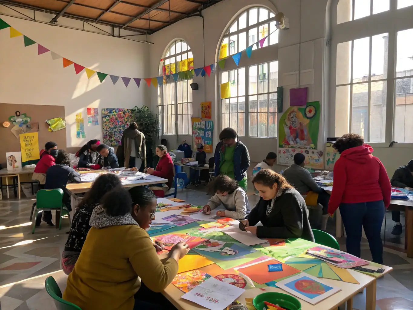 A dynamic image of a community art workshop, with participants of all ages creating art together under the guidance of experienced artists.